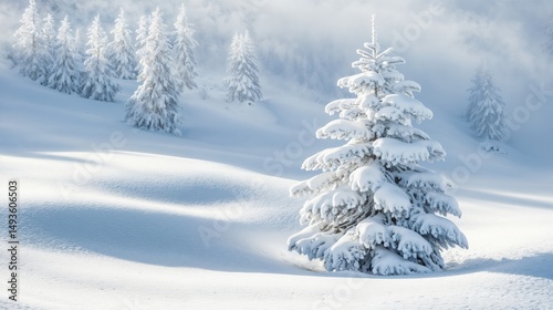 Snow covered fir tree in peaceful winter landscape