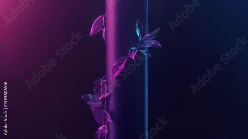 Abstract neon leaves growing on cylinder in dark light