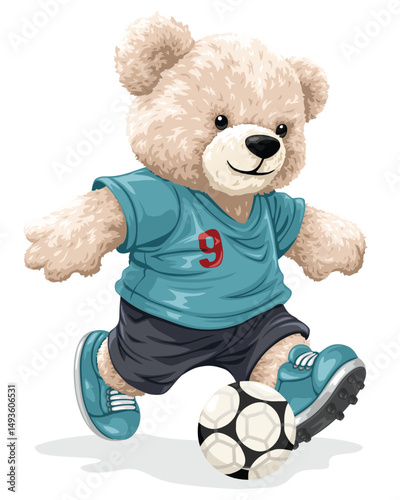 Cute teddy bear in soccer uniform kicking ball