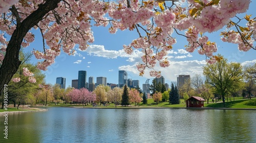 Pink and white cherry blossoms bloom in Denver during spring. Beautiful trees flower in the park, showing off their pink and white petals. It's a lovely spring scene!
