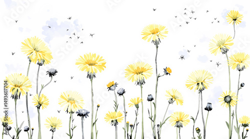 Seamless pattern with hand painted watercolor yellow flowers and leaves	