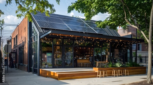 Modern building exterior with solar panels and outdoor seating.