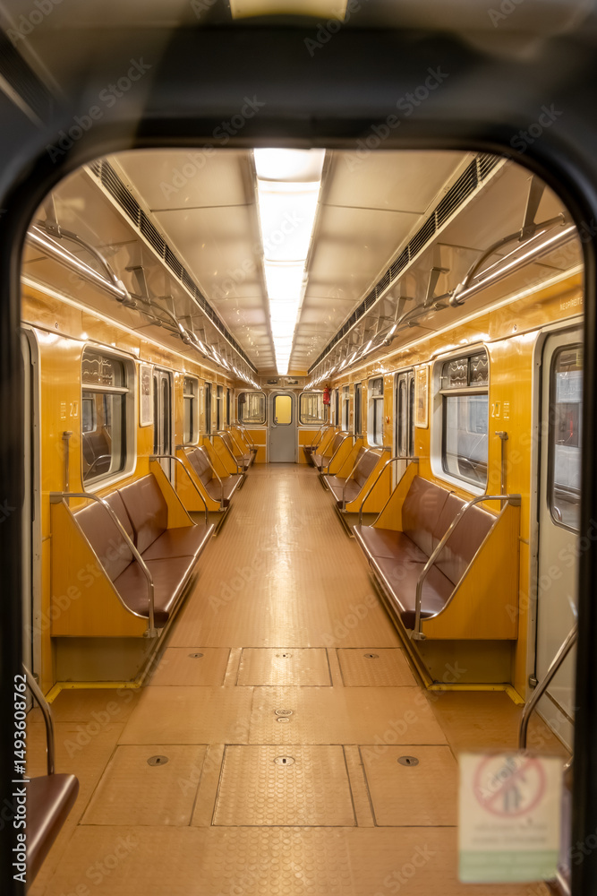 Obraz premium A five-car metro train operated by the Prague Public Transport Company in the metro network, which is the backbone of public urban transport in the capital of the Czech Republic.