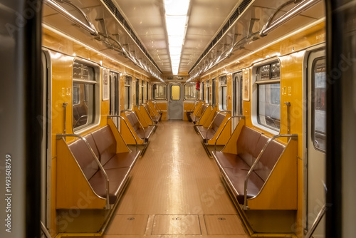 A five-car metro train operated by the Prague Public Transport Company in the metro network, which is the backbone of public urban transport in the capital of the Czech Republic. photo