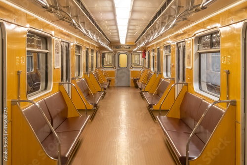 A five-car metro train operated by the Prague Public Transport Company in the metro network, which is the backbone of public urban transport in the capital of the Czech Republic. photo