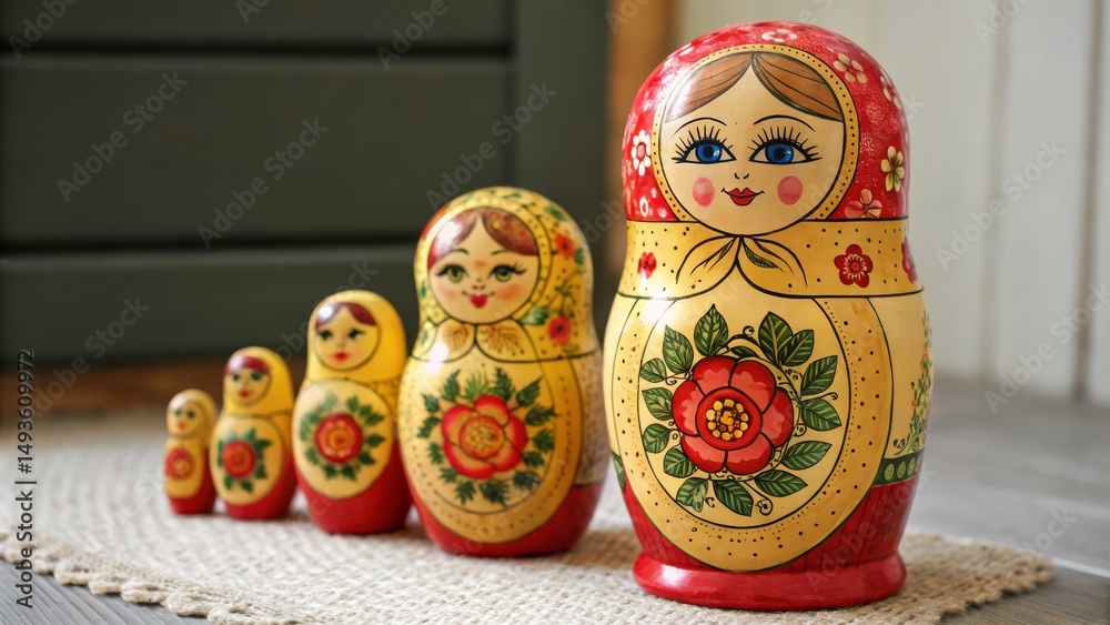 Fototapeta premium Matryoshka Dolls Set of Five Nesting Dolls with Floral Design, handicraft , souvenir