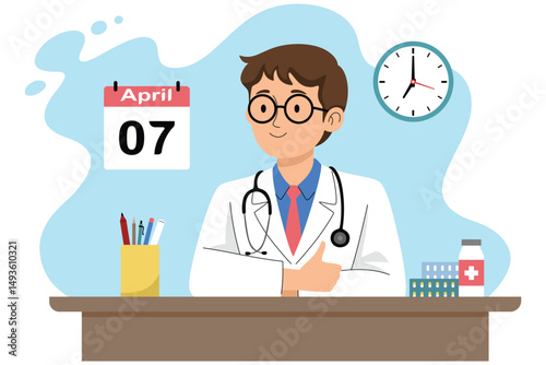 Male doctor at desk with April calendar  
