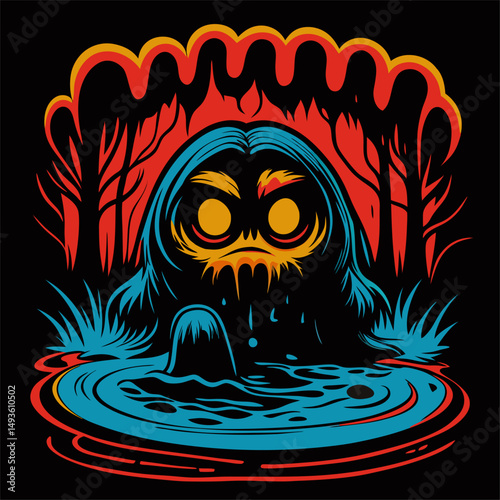 Menacing swamp creature emerging from dark waters at night