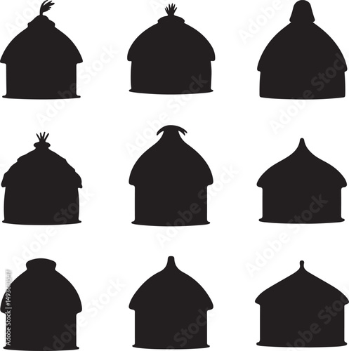 Nine Black and White African Village Hut Icon Variations