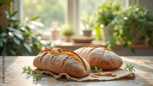 Rustic homemade sourdough bread in sunlit kitchen with fresh greenery