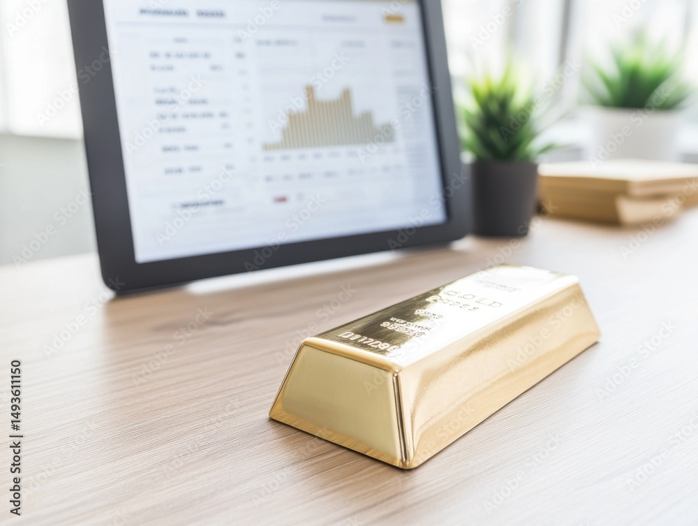 Gold Bar and Financial Charts on Tablet: Investment and Wealth Management Concept gold investment ai Gold Bar and Financial Charts on Tablet: Investment and Wealth Management Concept gold investment ai