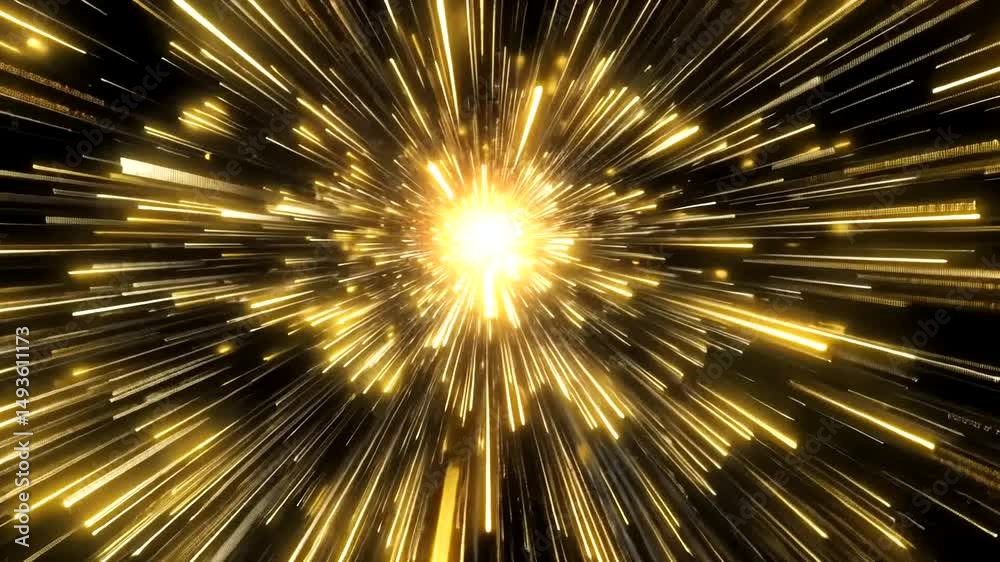 Golden Speed Light streaks race towards bright center point against dark backdrop