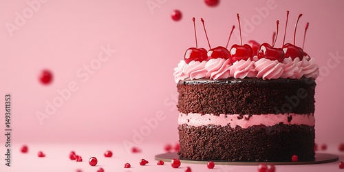 Chocolate cake with cherries and pink frosting