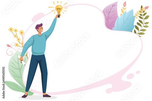 Man holding bright light bulb with blank space  
