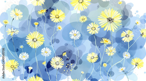 Seamless pattern with yellow and Blue flowers, Blue flowers watercolor background