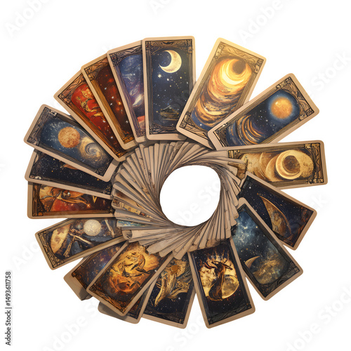 A set of tarot cards flying in a spiral around moonlight, divination in motion, isolated on transparent background