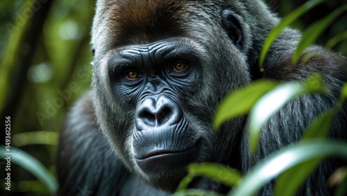Endangered and charismatic wild mountain gorilla captured in its natural environment. photo