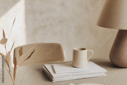 Tranquil workspace composition showcasing neutral tones and minimalist aesthetics promoting focus photo