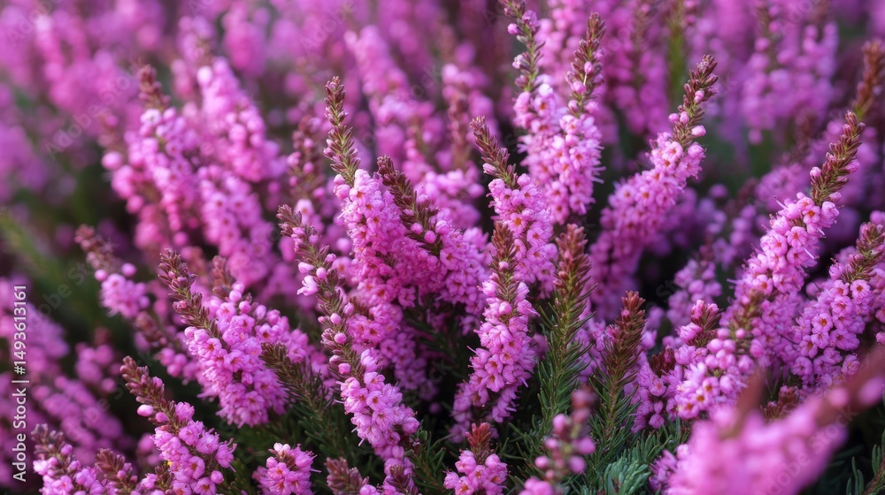 Fototapeta premium Pretty pink and purple heather flowers are blooming in fields at Veluwe Zuiderheide park in the Netherlands. 