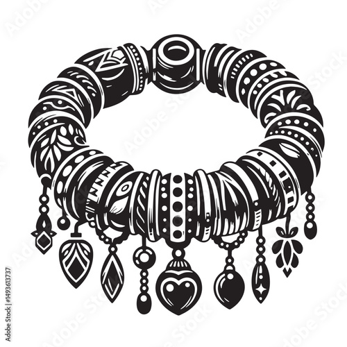Black Color Charm Bracelet Silhouette Vector Illustration, Solid White Background. minimal vector design
