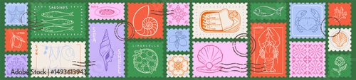 Vintage Italian Summer Stamps. Mediterranean illustration of sardines, lobster, crab, lemon, sea shells, tile. Hand drawn print element design. Amalfi vacation retro drawing stickers for collage.