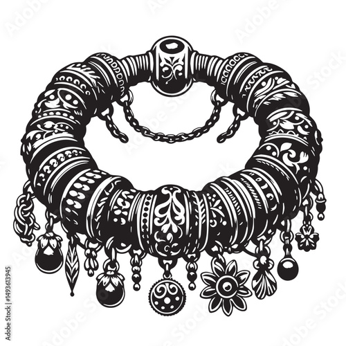 Black Color Charm Bracelet Silhouette Vector Illustration, Solid White Background. minimal vector design