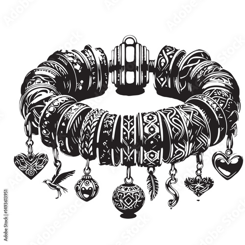 Black Color Charm Bracelet Silhouette Vector Illustration, Solid White Background. minimal vector design