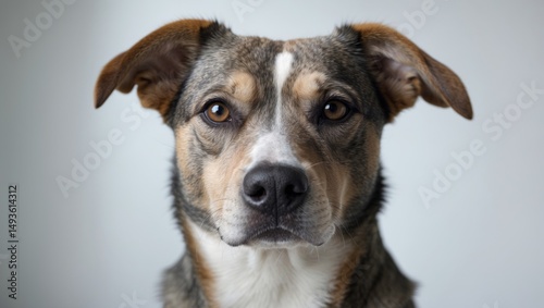 Studio photograph of a mixed-breed dog's head on a white background