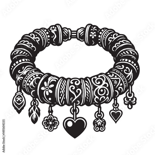 Black Color Charm Bracelet Silhouette Vector Illustration, Solid White Background. minimal vector design