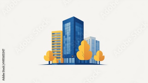 Modern cityscape illustration with tall buildings and trees.