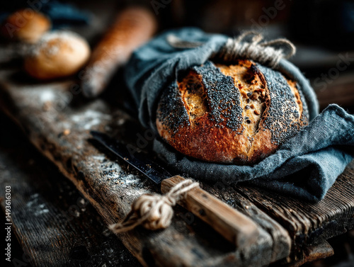 A rustic loaf of dark bread...