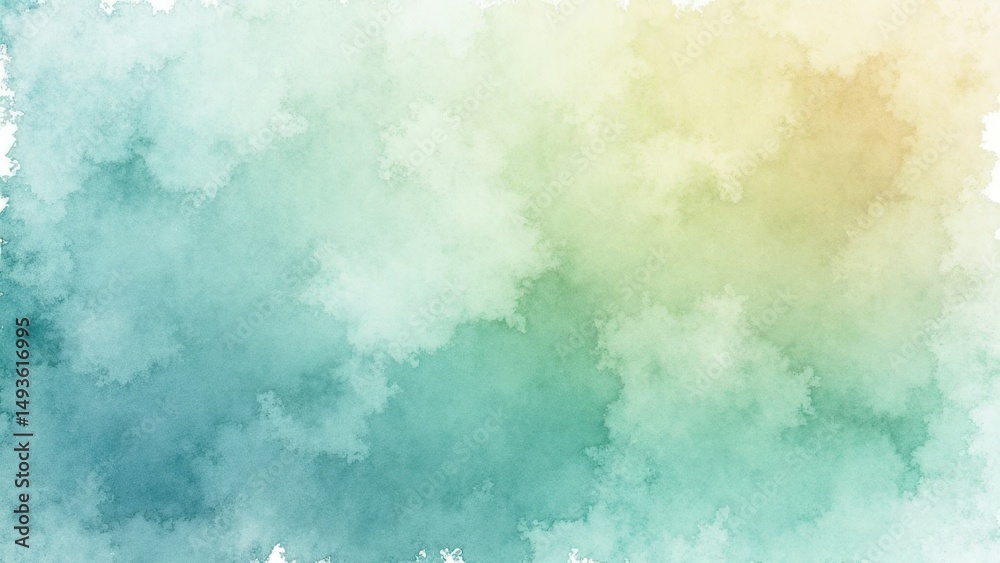 Fototapeta premium Pastel watercolor texture with soft green and yellow gradient clouds