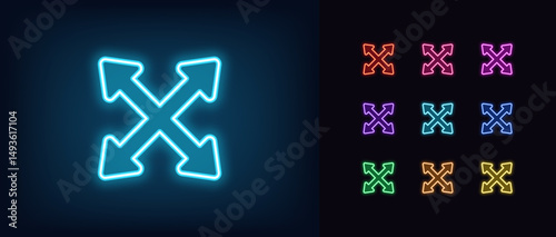 Outline neon scale arrow icon. Glowing neon scale size icon with arrow cross, expand interface. Full screen, increase display size, enlarge scale, zoom control, resize tool, maximize. Vector icon set