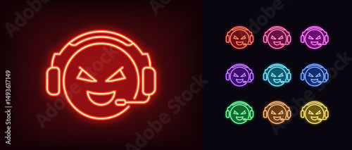 Outline neon gamer emoji icon. Glowing neon esports gamer with headset, cybersport commentator. Player emoticon in headphones, video game geek, esports sportscaster, gaming match. Vector icon set