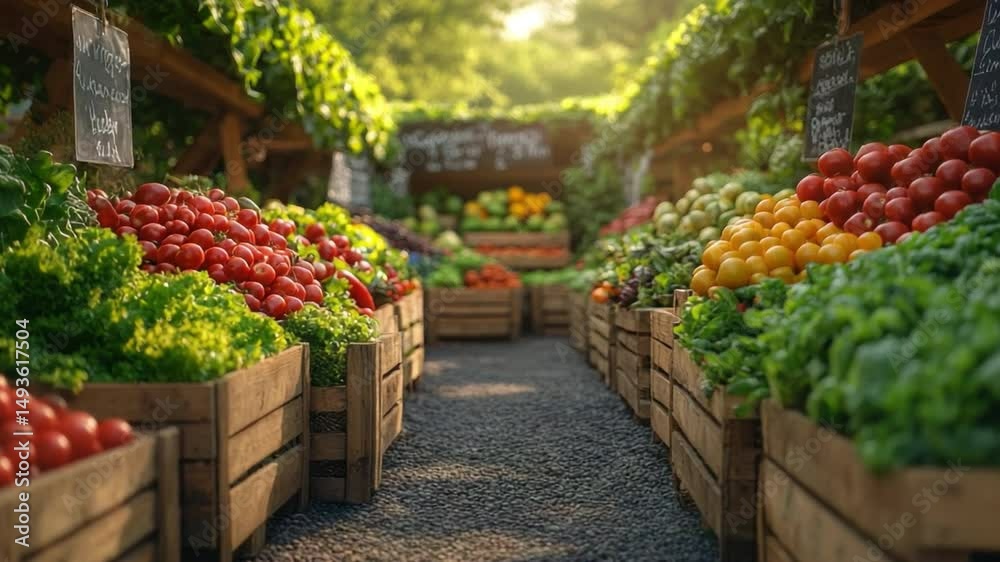 Vibrant Farmers Market: A sun-drenched aisle at a farmers market showcases a colorful array of fresh produce in wooden crates, with vibrant green leafy vegetables, ripe red tomatoes.