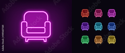 Outline neon armchair icon. Glowing neon soft armchair for living room, comfortable sofa. Home furniture and house decoration, cozy interior, soft couch, furniture shop, relax room. Vector icon set