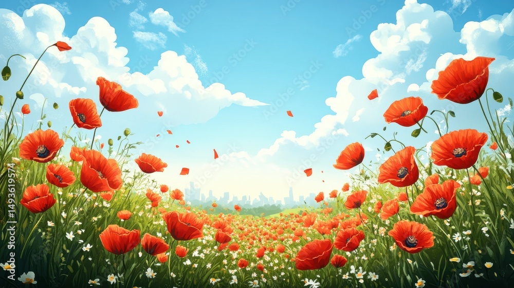 Obraz premium Vibrant red poppies sway gently in a sun-drenched field.
