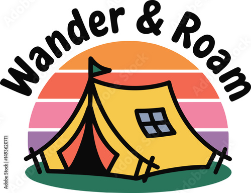 Colorful "Wander & Roam" Camping Tent Logo with Sunset and Retro Style Design