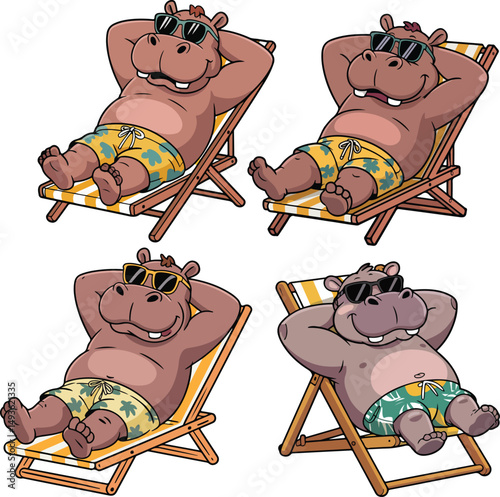 Cartoon Hippopotamus Lounging on Beach Chair with Sunglasses vector illustration