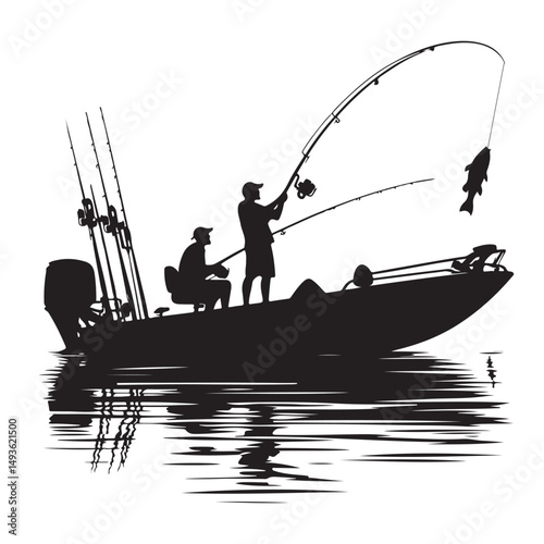 Fishermen Fishing in Boat Silhouette Vector Illustration Calm Water