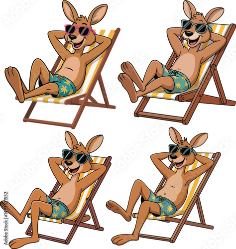 Cartoon Kangaroo Lounging on Beach Chair with Sunglasses vector illustration
