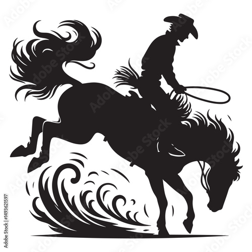 Rodeo Cowboy Riding Bucking Horse Silhouette Vector Art Design
