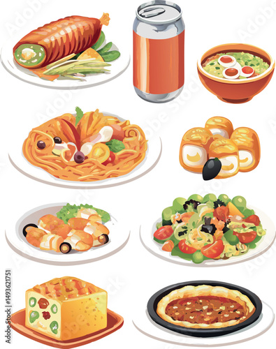 Collection of simple, flat traditional food icons isolated on white background.