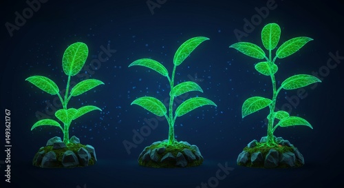 Glowing Green Plants Growing from Soil with Leaves and Roots