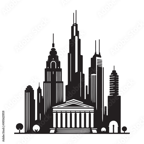 Detailed City Skyline Silhouette Vector Illustration Architecture Design Template