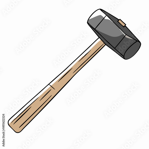 Sledgehammer, Cartoon Style, Wood Handle, Black Head, Construction Tool