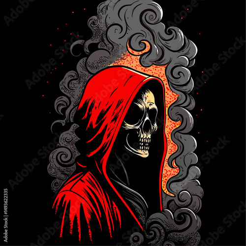 Grim reaper in red hood emerging from smoke and fire