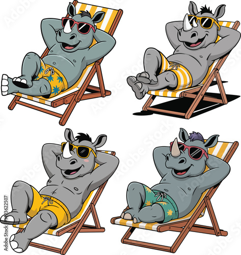 Cartoon Rhinoceros Relaxing on Beach Chair with Sunglasses vector illustration