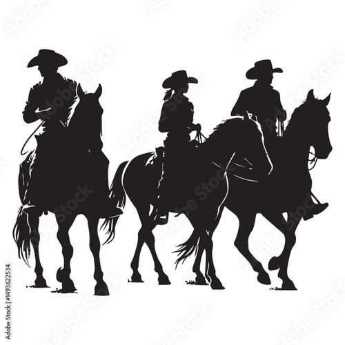 Cowboy Silhouette Riders Equestrian Team on Horseback Illustration