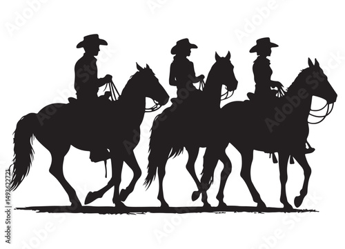 Silhouette Equestrian Team Cowboy Riders on Horseback Vector Graphic